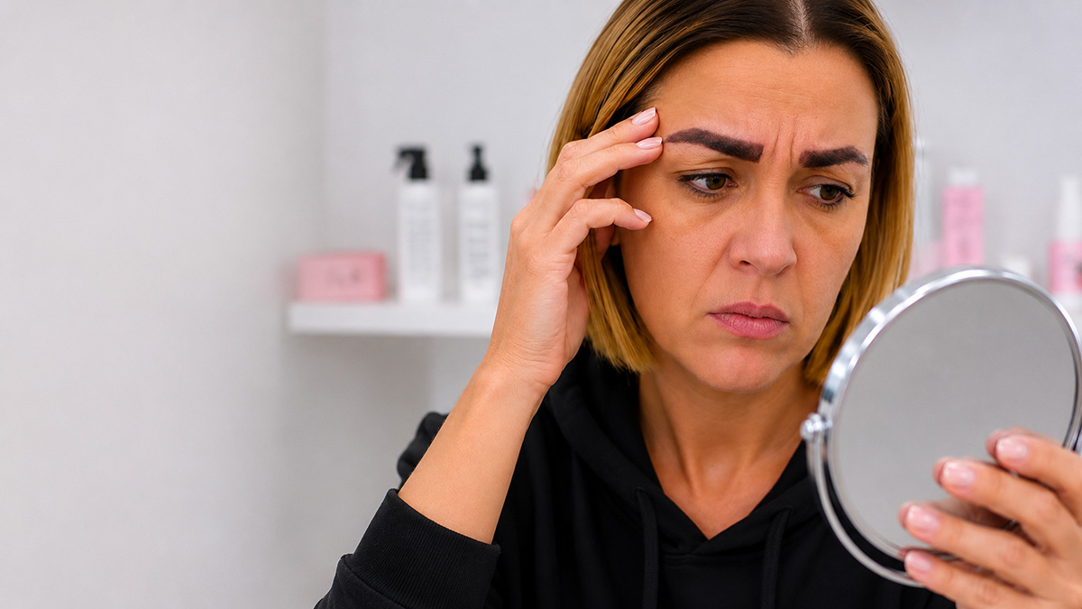 Γυναίκα με αποτυχημένο Microblading εξετάζει τα φρύδια της πριν από διόρθωση χρώματος και σχήματος στο Χαλάνδρι.