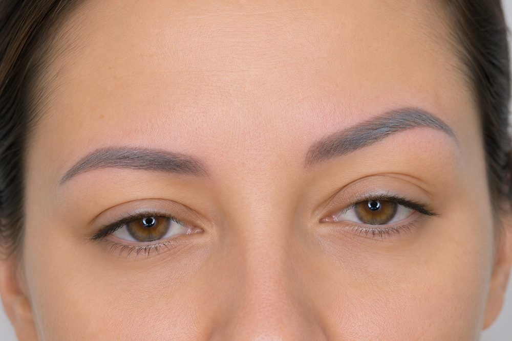 Ασύμμετρα φρύδια με ξεθωριασμένο Microblading, όπου το ένα φρύδι είναι πιο ψηλά και η παλιά χρωστική έχει αλλοιωθεί δημιουργώντας ανομοιόμορφο αποτέλεσμα.
