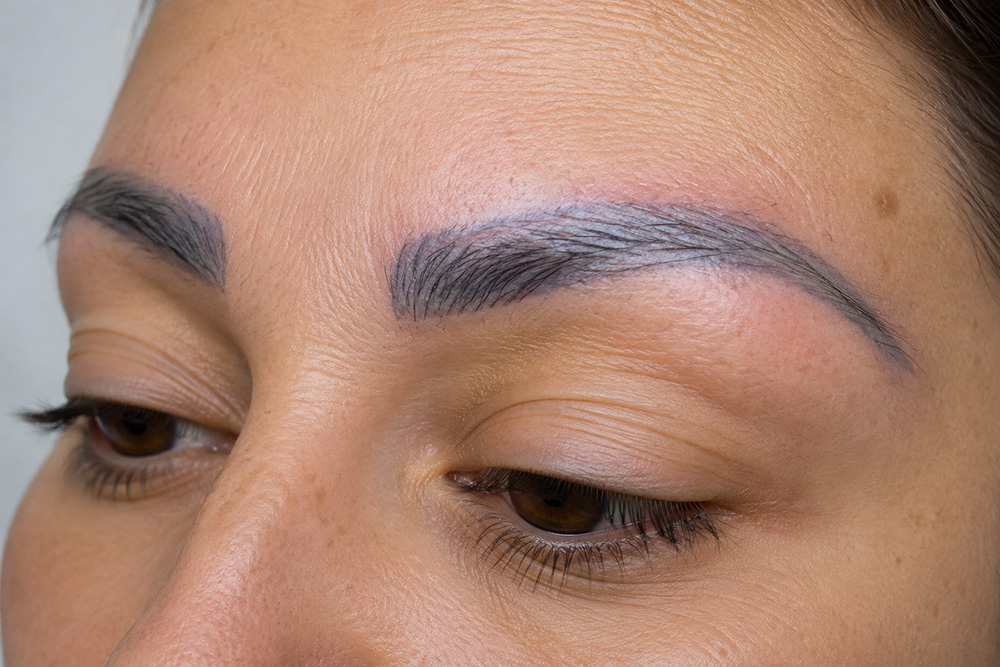 Ξεθωριασμένο Microblading με μπλε και γκρι αλλοίωση της χρωστικής στα φρύδια μετά από λανθασμένη εφαρμογή και φυσική οξείδωση του χρώματος.