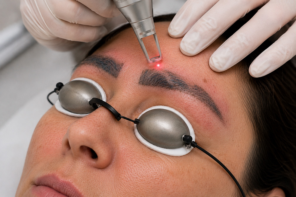 Αφαίρεση αποτυχημένου Microblading με laser σε φρύδια με ασύμμετρη και υπερβολικά σκούρα χρωστική πριν τη διαδικασία διόρθωσης.