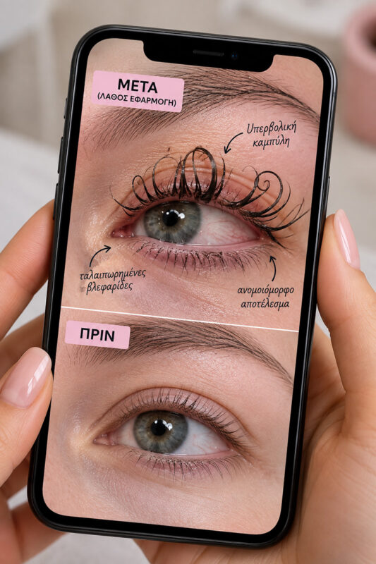 Λάθος DIY Lash Lift με υπερβολικά γυρισμένες και ταλαιπωρημένες βλεφαρίδες