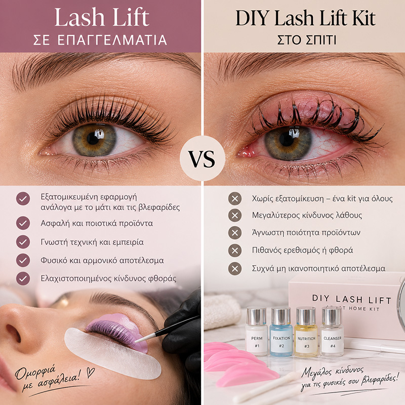 Σύγκριση επαγγελματικού Lash Lift με DIY Lash Lift kit στο σπίτι